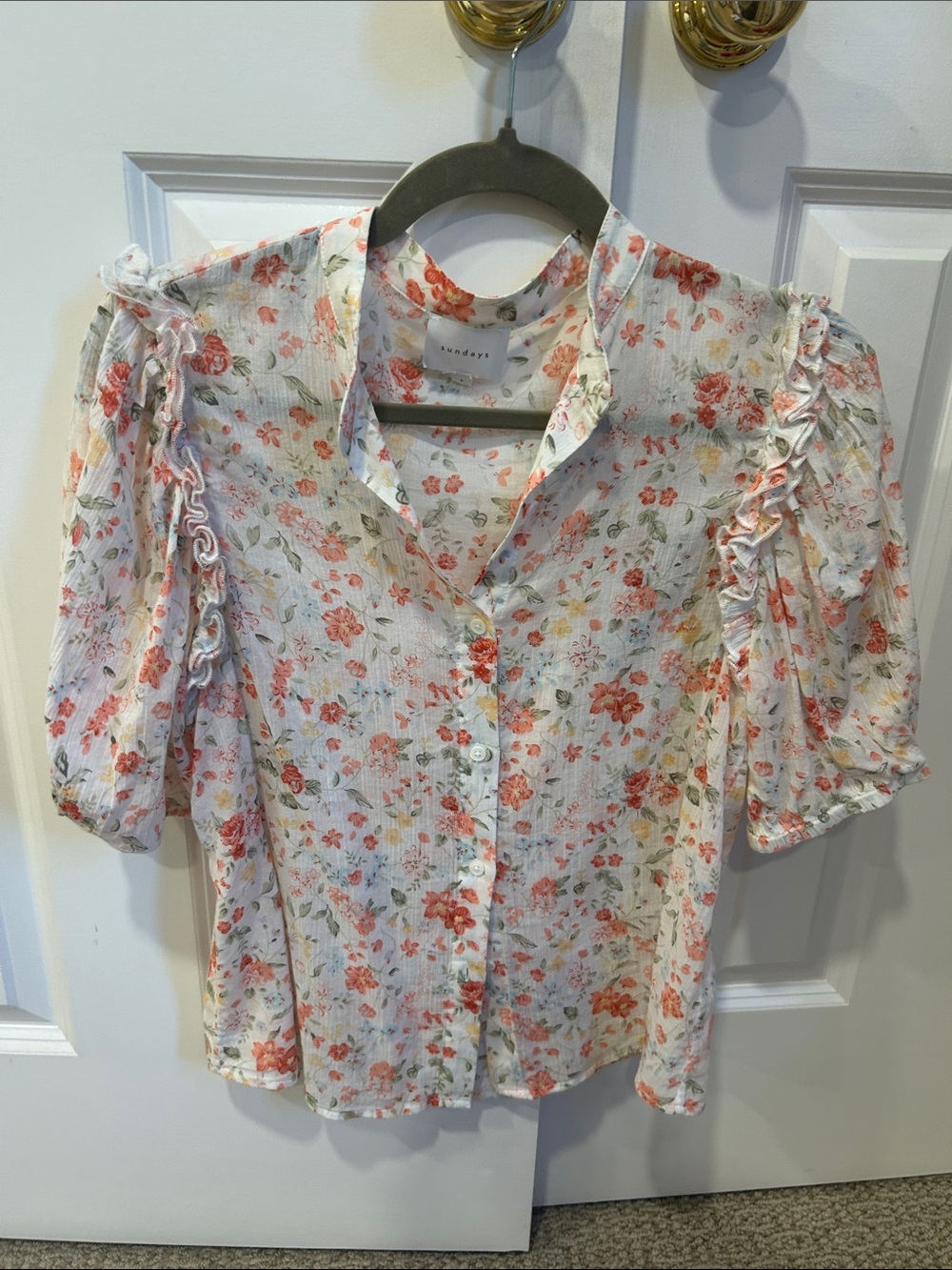 sundays White Floral Button-Down Blouse with Coral Print